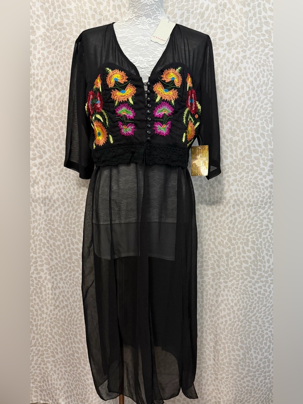 Black Embroidered Sheer Maxi top with Crochet Waist - Sheer Flowy Panels